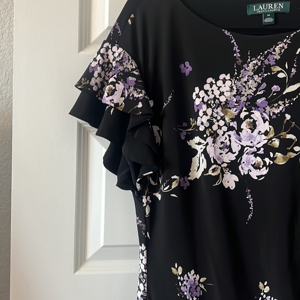 Lauren black dark floral cinched dress SZ 14 black wrap style ruffle career - Picture 5 of 14